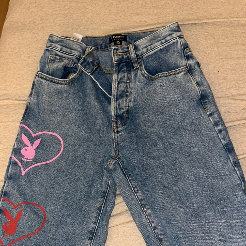 PLAYBOY Blue and Pink Straight Leg Jeans with Heart Design